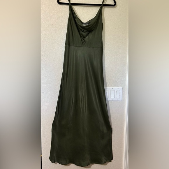 Anthropologie Green Maxi Slip Dress with Cowl Neck. Spaghetti Straps, Slits - Picture 1 of 9